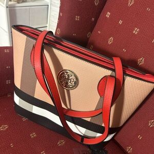 Stylish Tan and Red Tote Bag